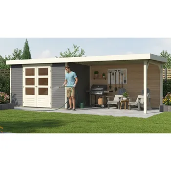Zahradní stavba dřevěný domek KARIBU ASKOLA 5 + přístavek 280 cm včetně zadní stěny (9161) terragrau