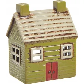 Svícen Keramický domeček zelený na čajovou svíčku, dva komíny