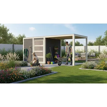 Zahradní stavba dřevěný domek KARIBU QUBIC 2 + přístavek 270 cm (89397) terragrau