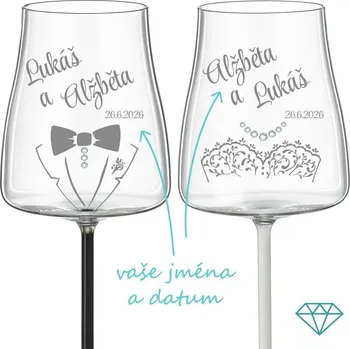 Sklenice Svatební skleničky na víno Wedding s krystaly 2 ks
