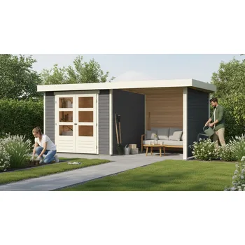 Zahradní stavba dřevěný domek KARIBU ASKOLA 3 + přístavek 240 cm včetně zadní a boční stěny (82923) terragrau