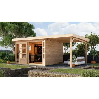 Zahradní stavba dřevěný domek KARIBU LAHAR 6 + přístavek 240 cm (12134) natur