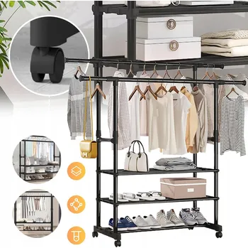 Věšák Věšák na oblečení s kolečky, věšák na šaty s policí, dvojitý věšák