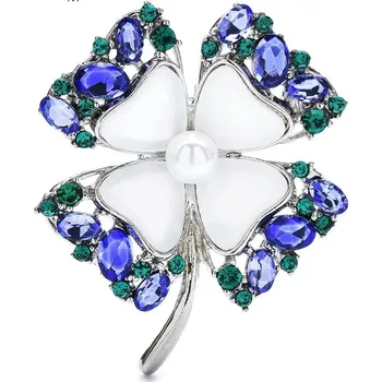 Souprava šperků B-TOP Brož Čtyřlístek s modrými a zelenými krystaly a perlou