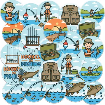 samolepka Samolepky na sešit 23 ks KOLEČKA - RYBÁŘSKÉ RYBA RYBY PRUT FANATIK