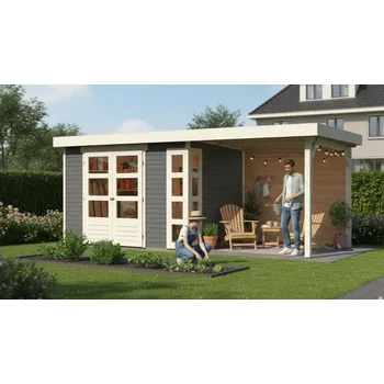Zahradní stavba dřevěný domek KARIBU KERKO 5 + přístavek 240 cm včetně zadní stěny (9196) terragrau