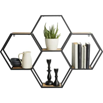 police Nástěnný regál černá kov, přírodní barvy, černá, 88 cm, 63 cm, 12 cm