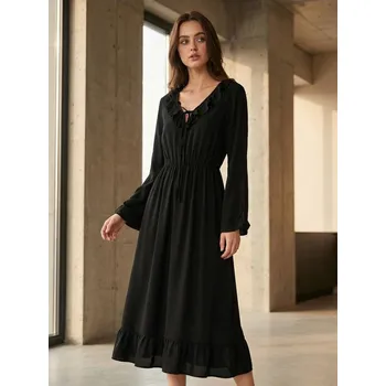 Dámské šaty Sinsay - Midi šaty s volány a vázáním u výstřihu - černá - 194GY-99X - 194GY-99X-XL