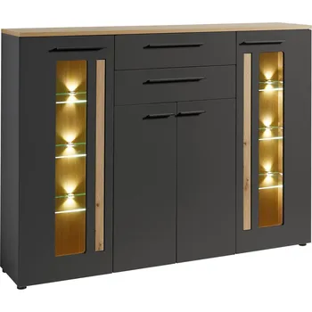 Komoda Vysoká vitrína Loft-Two, barvy grafitu, barvy dubu, 180 cm, 133 cm, 37 cm