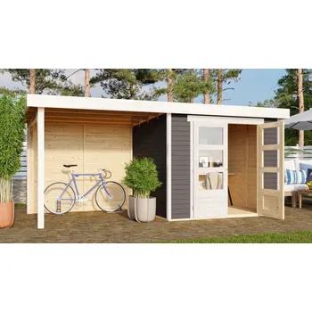 Zahradní stavba dřevěný domek KARIBU ASKOLA 3,5 + přístavek 240 cm včetně zadní stěny (9145) terragrau