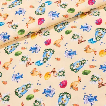 Galanterie Bavlněné plátno Trend Nivins-C 60 velikonoční vajíčka se zvířátky na žluté 1,50/1 m