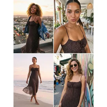 Dámské šaty Sinsay - Midi šaty na ramínka s ozdobným výstřihem - hnědá - 592FI-82X - 592FI-82X-S