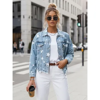 Dámská bunda Modrá džínová crop bunda s hvězdami DOLLA TY2634 Velikost: L/XL