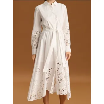 Dámské šaty Sinsay - Bavlněné košilové midi šaty s ažurovými prvky - bílá - 483DA-00X - 483DA-00X-M-1