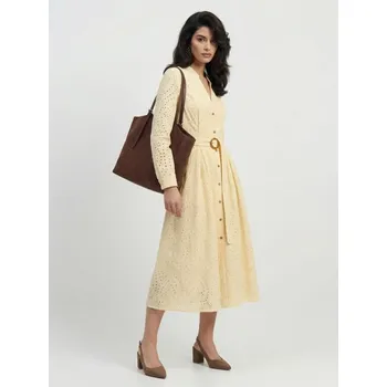 Dámské šaty Sinsay - Ažurové midi košilové šaty s páskem - béžová - 273GY-02X - 273GY-02X-S