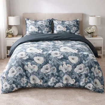 Povlečení Oboustranné ložní povlečení z mikrovlákna – modré s akvarelovými květy 3 časti: 1ks 220x200 + 2ks 70x80