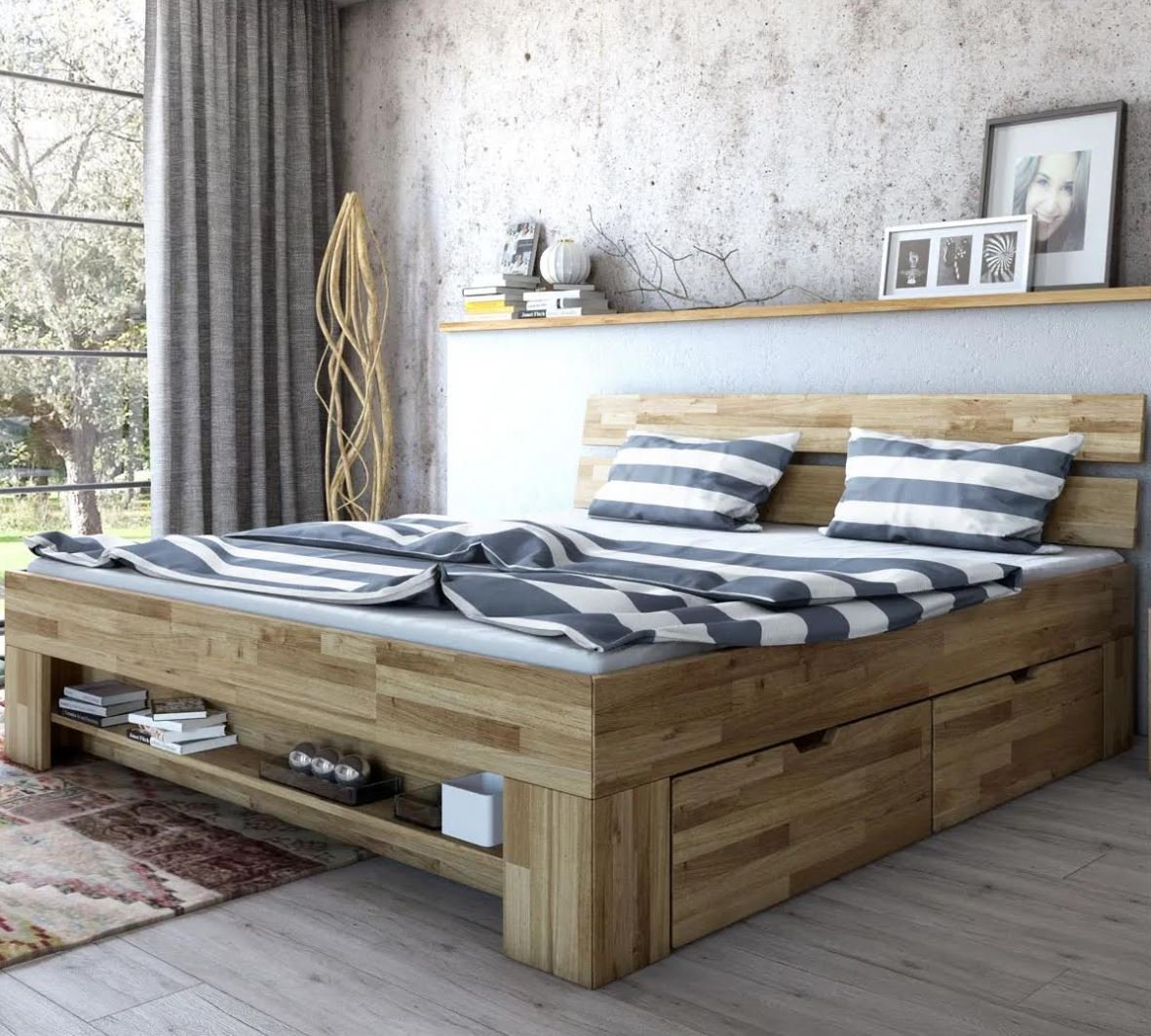 Postel z masivu dubu cink FRED CUBE se šuplíky 200x160 cm
