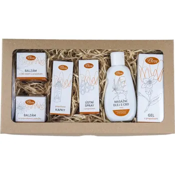 Kosmetická sada Pleva První propolisová - Balzám s CBD olejem a propolisem 20 g, Balzám s propolisem na popraskanou pokožku 30 g, Propolisové kapky (tinktura) 48 g, Ústní spray s propolisem 25 g, Gel s propolisem 50 g, Masážní olej s propolisem “svaly“ 115 g, dárková sad
