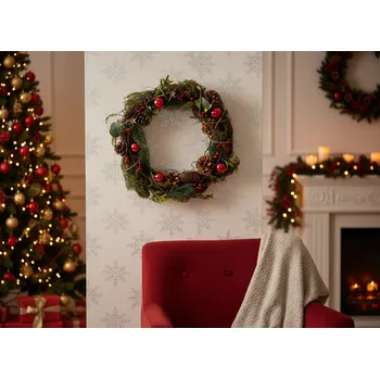 Vánoční dekorace Vánoční dekorační věnec ISLA šišky a červené kuličky 42 cm 757938
