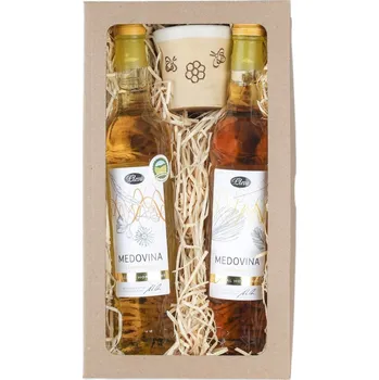 Kosmetická sada Pleva Luxusní medoviny Jin - Jang - Medovina z lesního medu 0,5 l, Medovina z akátového medu 0,5 l, Chráněná dílna Neratov Keramický pohárek 1 ks, dárková sada