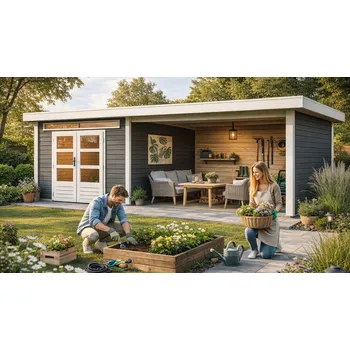 Zahradní stavba dřevěný domek KARIBU KANDERN 6 + přístavek 320 cm včetně zadní a boční stěny (9242) terragrau