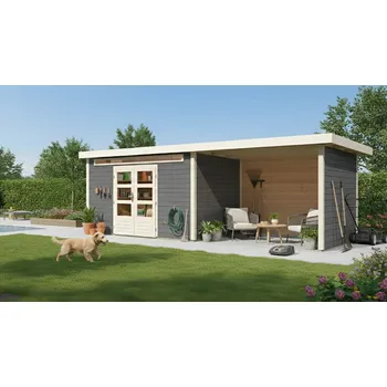 Zahradní stavba dřevěný domek KARIBU KANDERN 7 + přístavek 320 cm včetně zadní a boční stěny (9256) terragrau