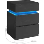 Noční stolek s LED osvětlením, 3 zásuvky, černý dekor dřeva