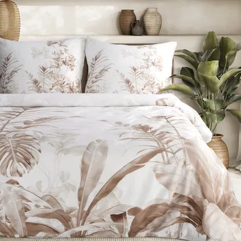Povlečení Saténové povlečení 160x200 cm s motivem listů, bílé a hnědé