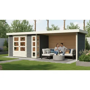 Zahradní stavba dřevěný domek KARIBU KERKO 5 + přístavek 280 cm včetně zadní a boční stěny (9209) terragrau