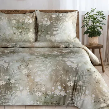 Povlečení Povlečení 160x200 cm z bavlněného saténu s květinovým motivem, olivové a bílé