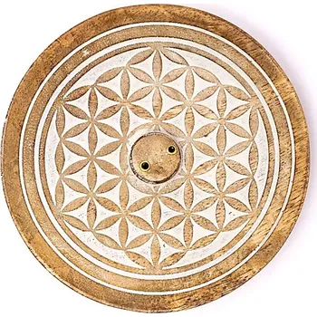 Čajovna Dřevěný stojánek na vonné tyčinky - Květ života z mangového dřeva, otvor na 2 vonné tyčinky