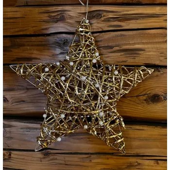 Vánoční dekorace Hvězda s perličkami, 20 LED světýlky, 30 cm, s časovačem, zlatá Nové