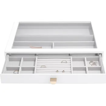 Šperkovnice Stackers, Krabička na šperky Stackers Pebble se 16 přihrádkami se zásuvkou a skleněným víkem supersize bílá - Formadore