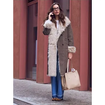 Sinsay - Dlouhý kabát s umělým kožíškem - tmavě hnědá - 170GZ-89M - 170GZ-89M-XXL