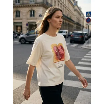 Dámské tričko Sinsay - Bavlněná košilka s potiskem - krémová - 139HA-01X - 139HA-01X-XS