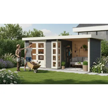 Zahradní stavba dřevěný domek KARIBU KERKO 4 + přístavek 240 cm včetně zadní a boční stěny (82943) terragrau