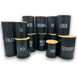 Orion Sada 12ks plechových dóz na potraviny, černé, slovenské názvy, s bambusovým víkem SADA SK