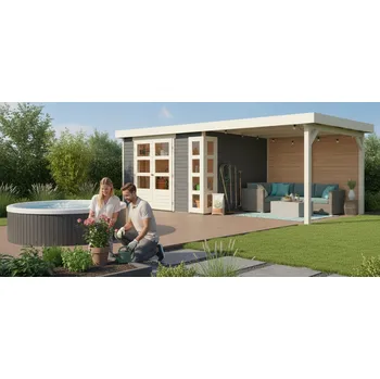 Zahradní stavba dřevěný domek KARIBU KERKO 5 + přístavek 280 cm včetně zadní stěny (9207) terragrau