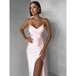 Světle růžové dlouhé společenské šaty OLIRYA s výstřihem Velikost: ONESIZE