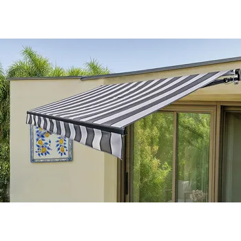 Markýza Elektrická markýza s kloubovým ramenem 295 x 200 cm, s LED osvětlením, motorizovaná, světle šedá s bílými pruhy | 509202