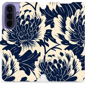 Pouzdro na mobilní telefon Flip pouzdro Mobiwear na mobil Samsung Galaxy A57 5G - VA40S, modré a béžové květy (Knížkové flip pouzdro, obal, kryt na mobil Samsung Galaxy A57 5G, tenký design, silikonová vanička, stojánek)