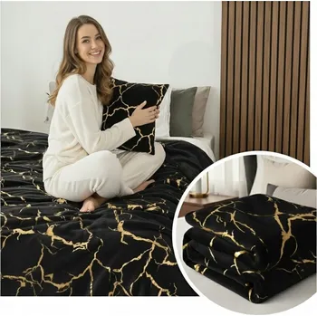 Prostěradlo Deka Mramor se Zlatou Aplikací Měkký Plyš Přehoz ČERNÁ + ZLATÁ 160x200 cm
