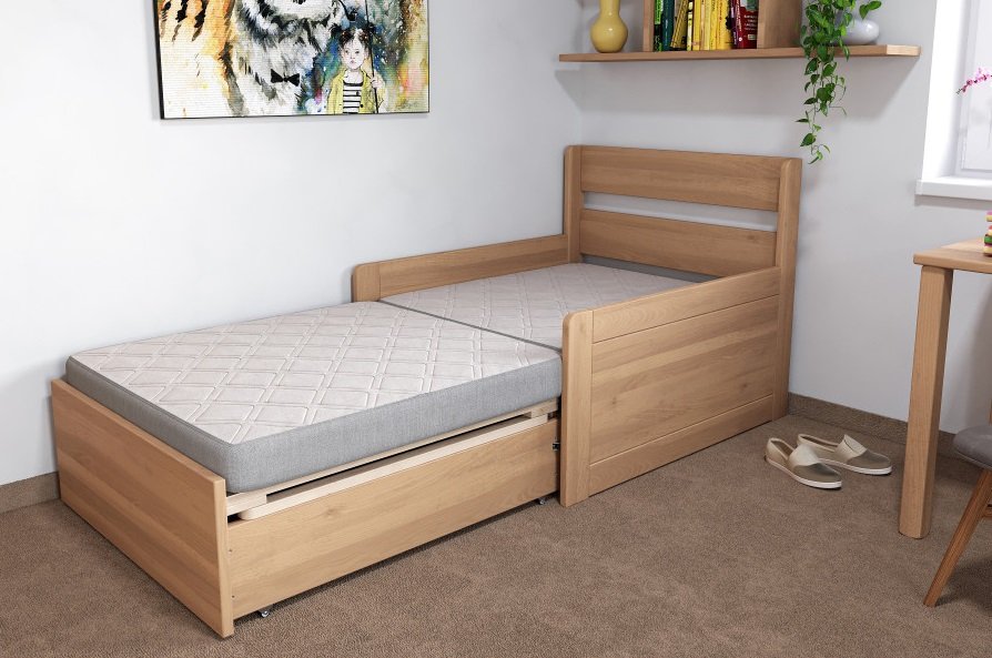 Bukové rozkládací křeslo Sára s matrací a úložným prostorem 90 x 200 cm, HNĚDÁ, KOŇAK