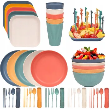 Příbor KEMPINGOVÁ SADA PŘÍBORŮ S TALÍŘI BAREVNÁ 52 DÍLŮ PRO 5 OSOB