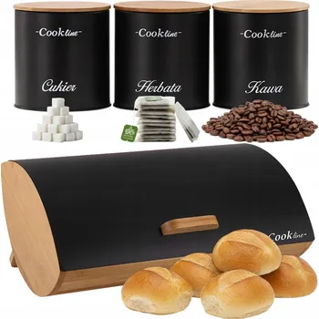Dóza na potraviny Bambusový chlebník černý, velký, ocelový + 3x dóza na Čaj, Káva a Cukr