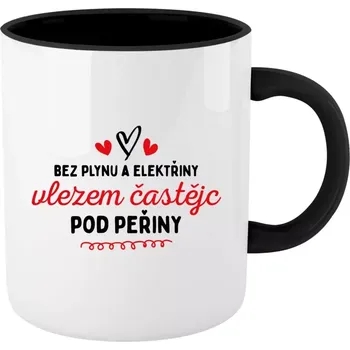 Hrnek z kategorie ostatní - Bez plynu a elektřiny, vlezem častějc pod peřiny - černý vnitřek a ucho 330 ml