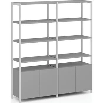 Kancelářská sestava Dvojitá policová stěna HOME OFFICE se skříňkou s dvířky, bílá/šedá