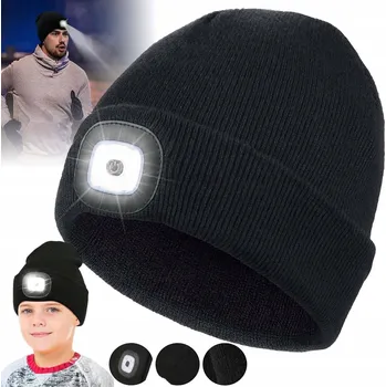 Čepice ZIMNÍ ČEPICE S LED ČELOVKOU NABÍJENÁ PŘES USB TEPLÁ ČERNÁ PŘÍJEMNÁ
