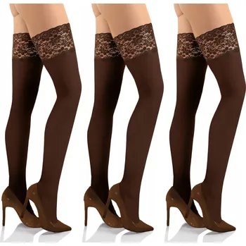 Dámské oblečení Sesto Senso 3 páry samodržících punčoch s krajkou 50DEN XL/XXL Caffe