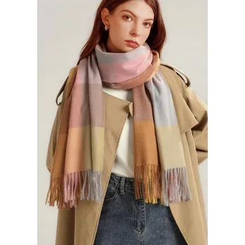 Šála Dámská kašmírová šála s vlnou, růžová šedá žlutá